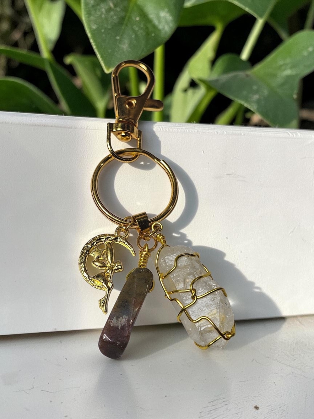 Gold-Tone Crystal Charm Keychain with Moon Pendant - Clear & Brown Crystals